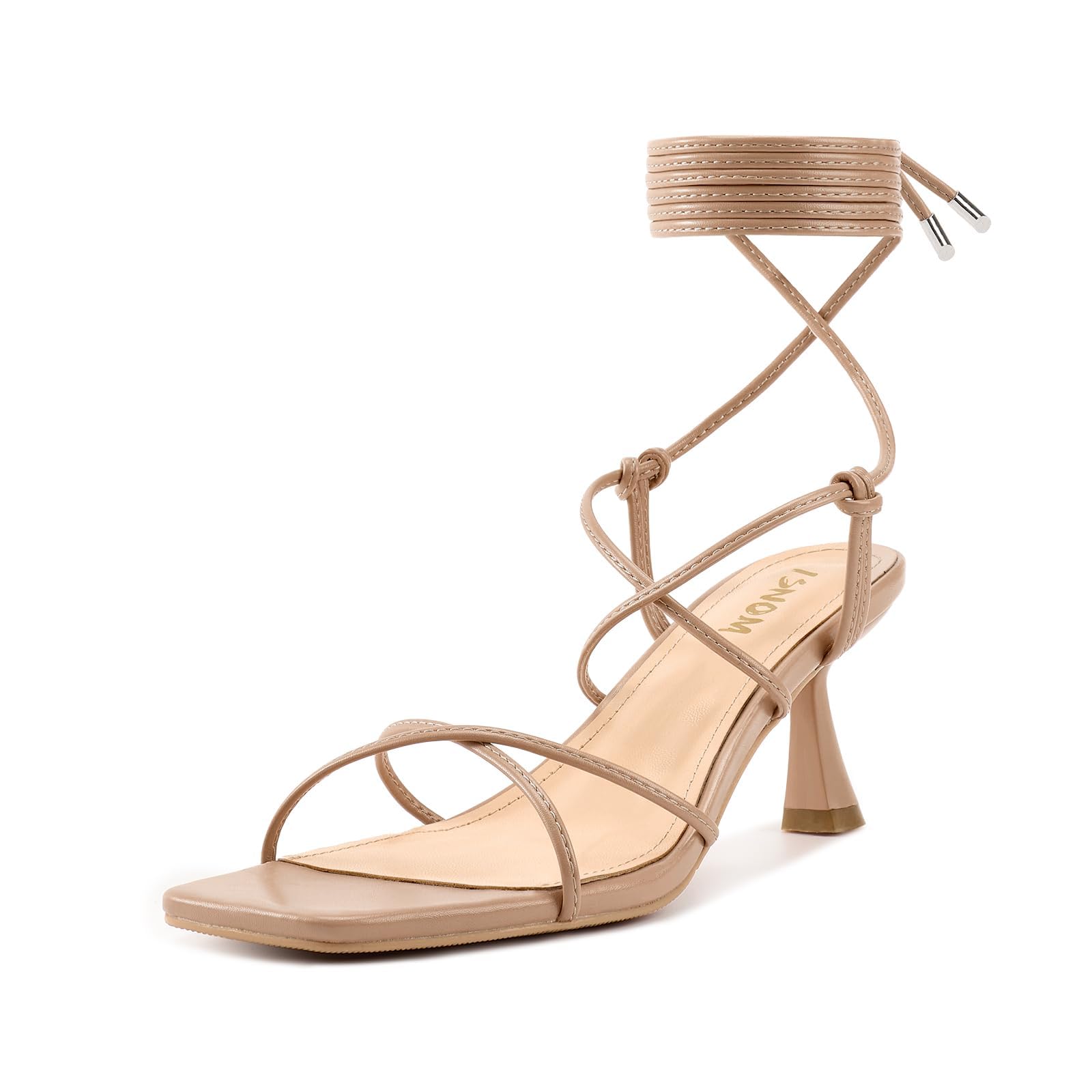 ISNOM Nude Strappy Heels for Women Stiletto Heels Lace Up Heels for Women Nude Kitten Heels Open Toe Heel for Women Dressy Sandals Tie Up Wedding Heels Wrap Around Heel Summer Heeled Comfortable - AGB LuxeDrop
